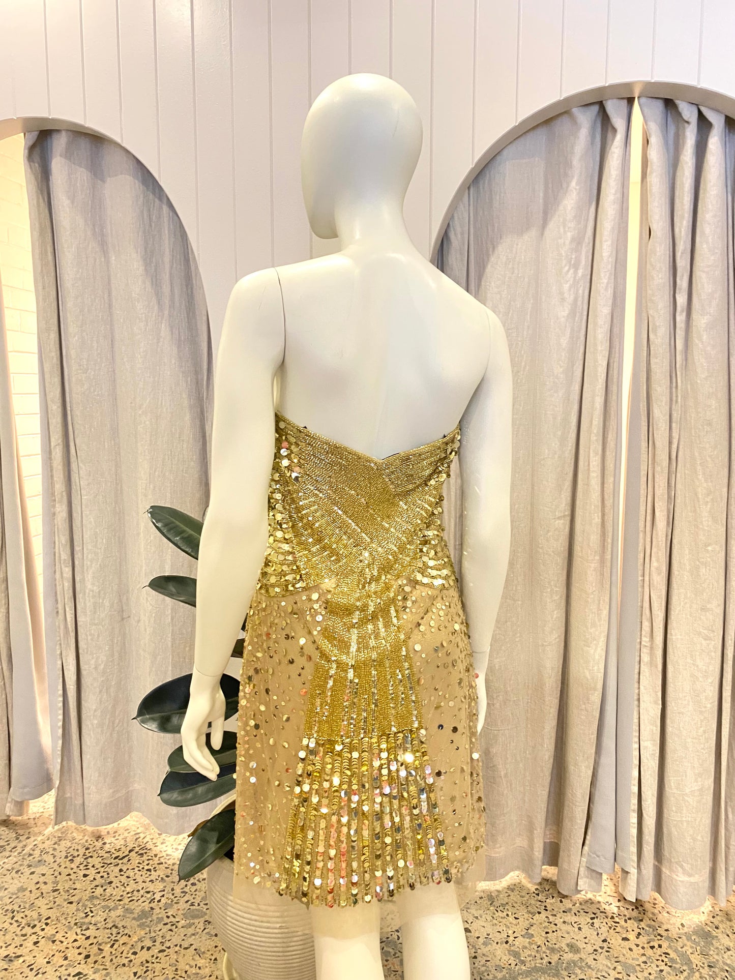 ABS Gold Strapless Sequin Mini Dress - Size 8