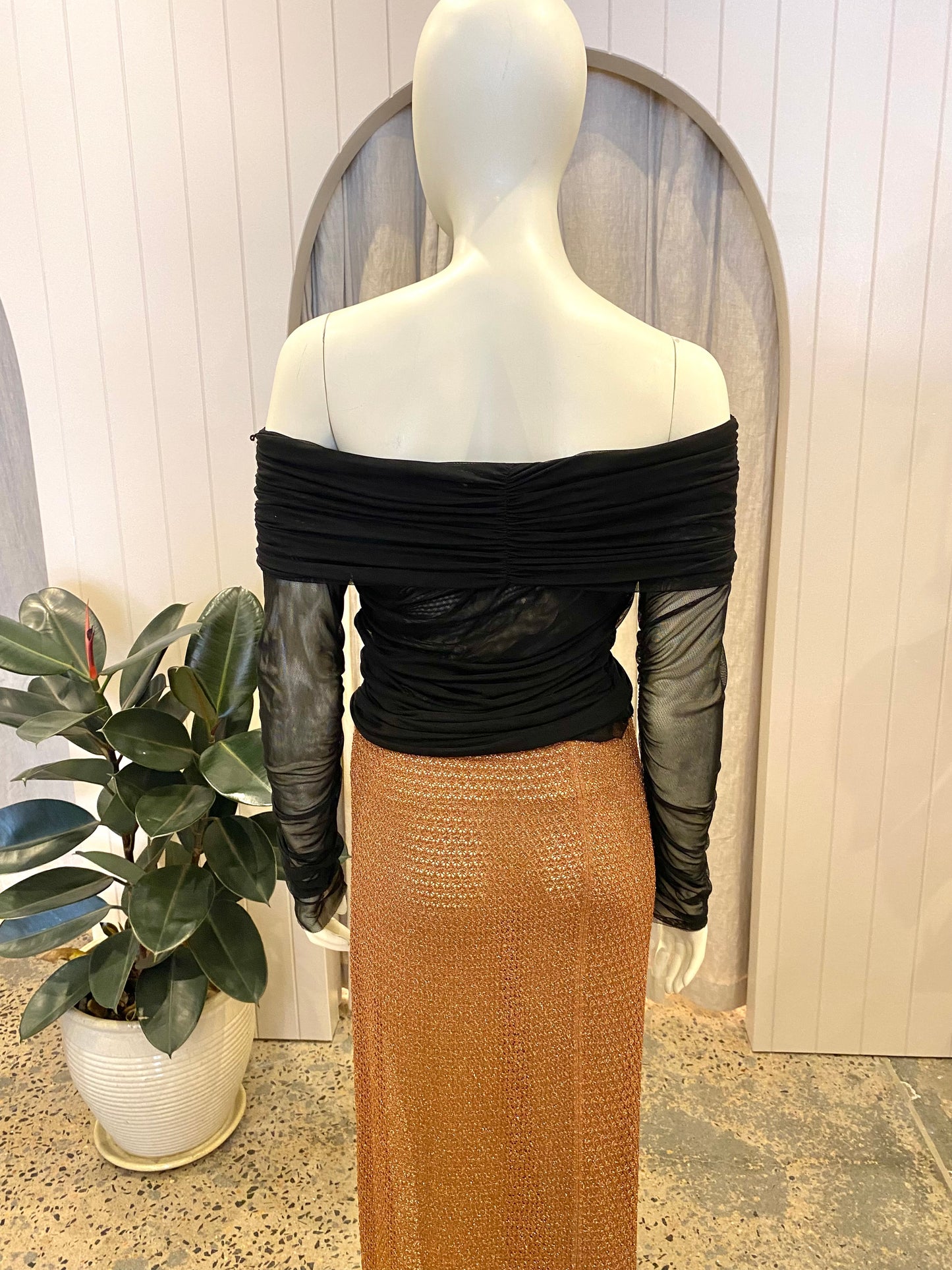 Shona Joy Black Mesh Off Shoulder Top - Size M