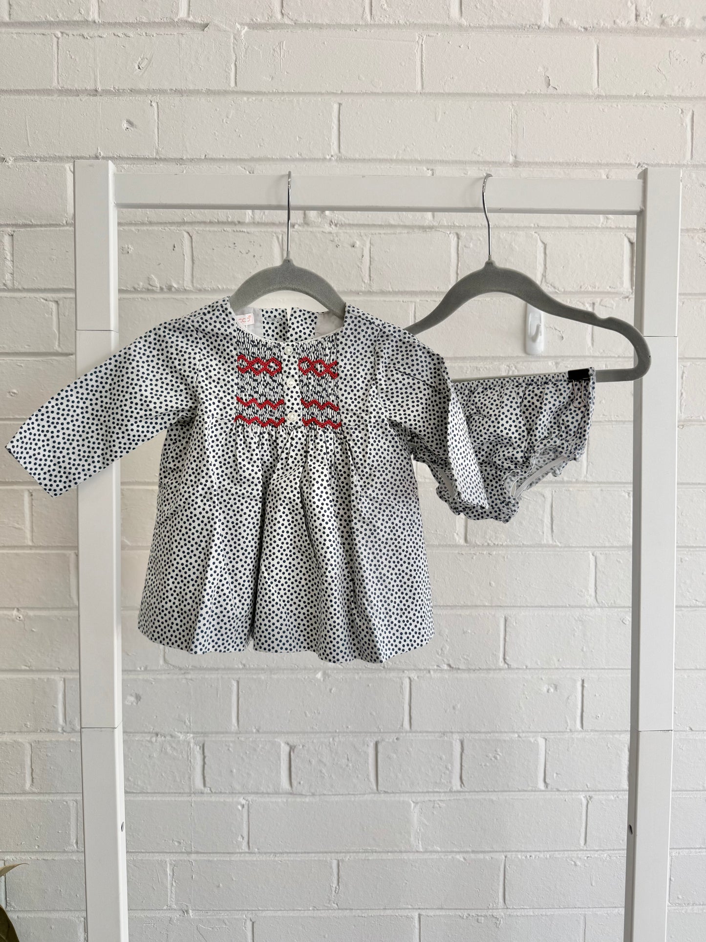 Rocco Navy and White Polka Dot Dress & Bloomers - Size 3-6m