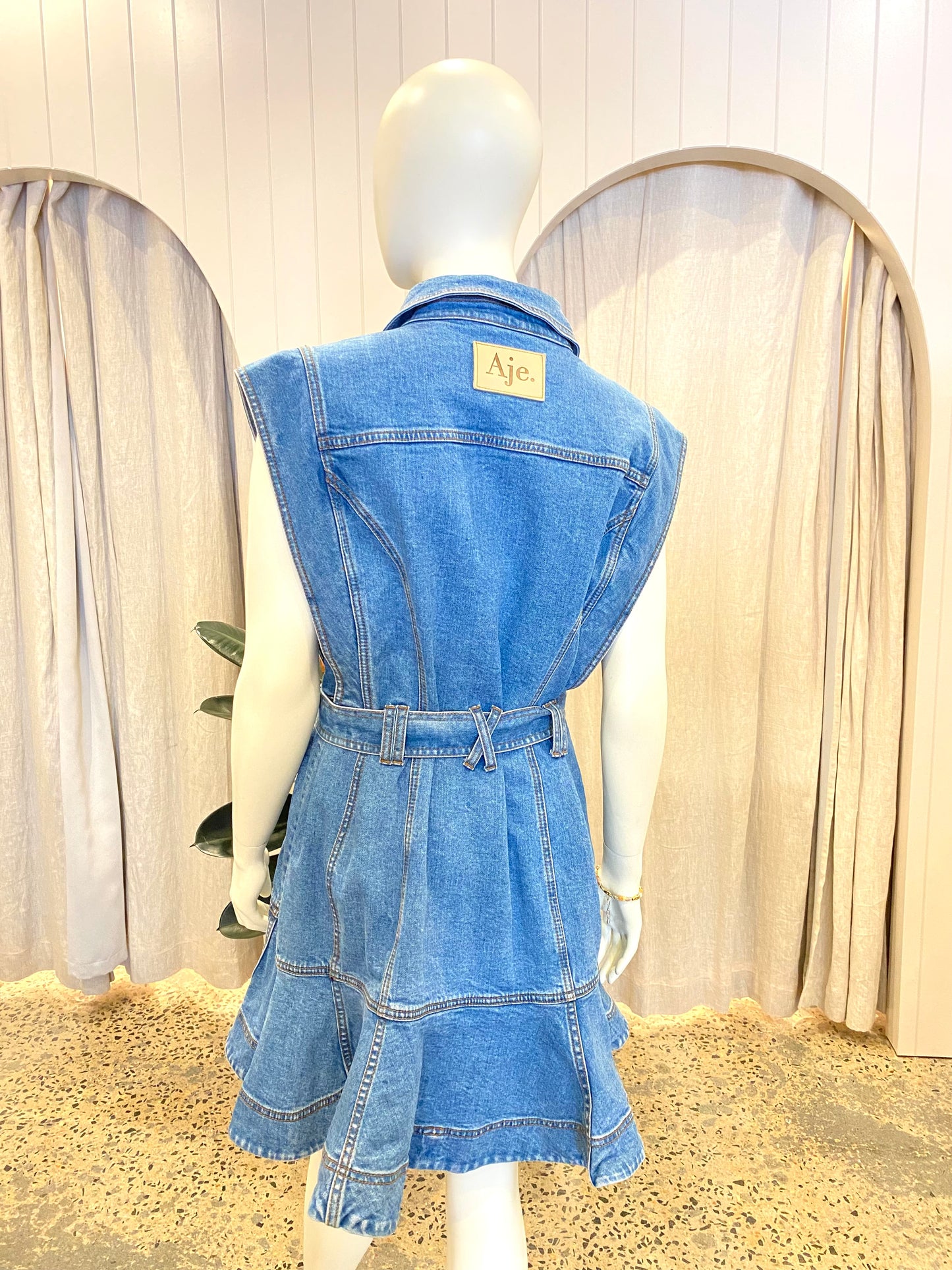 AJE Ruffle Hem Denim Mini Dress - Size 16