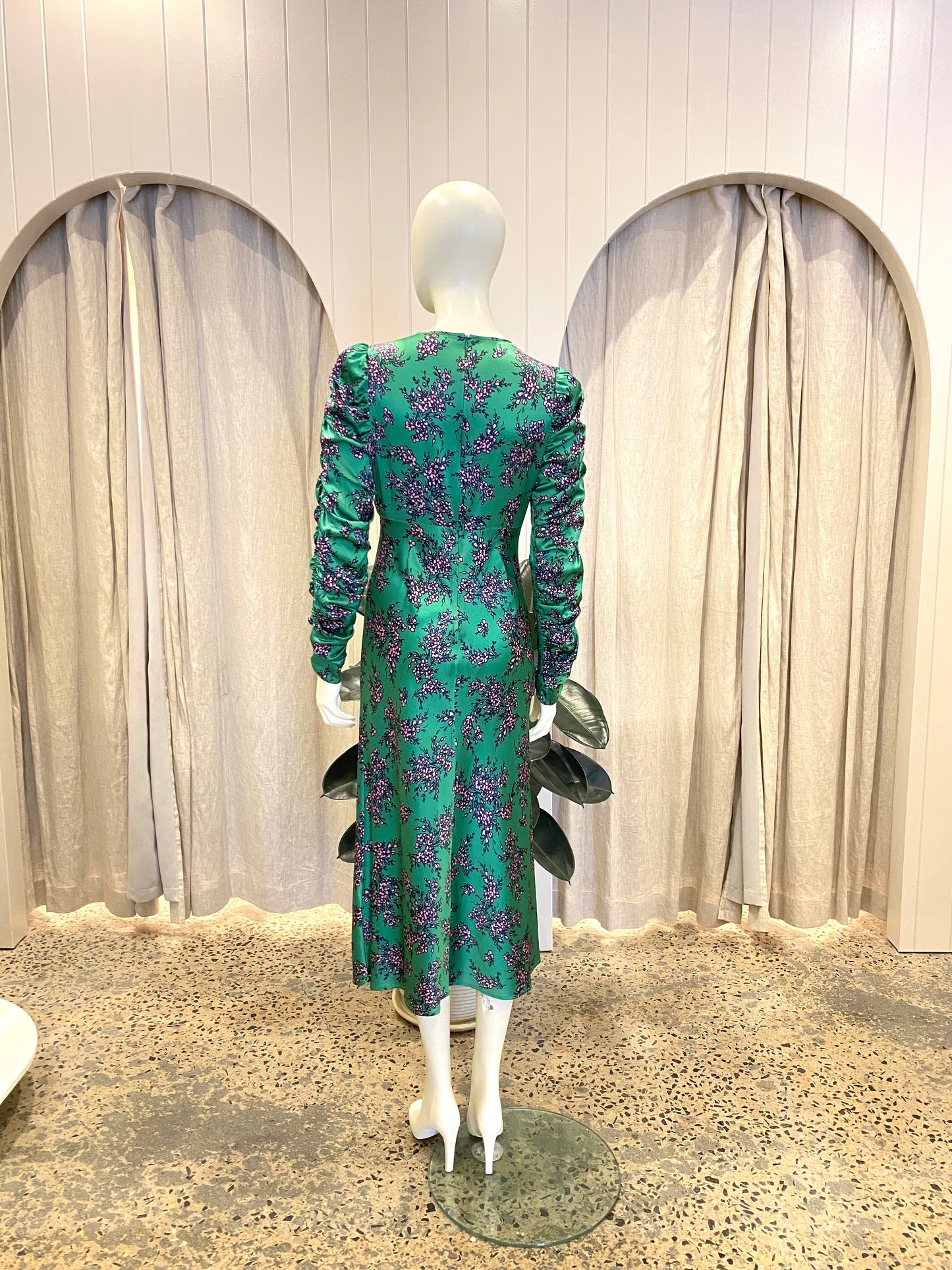 Husk Green Floral Silk Midi Dress - Size 8