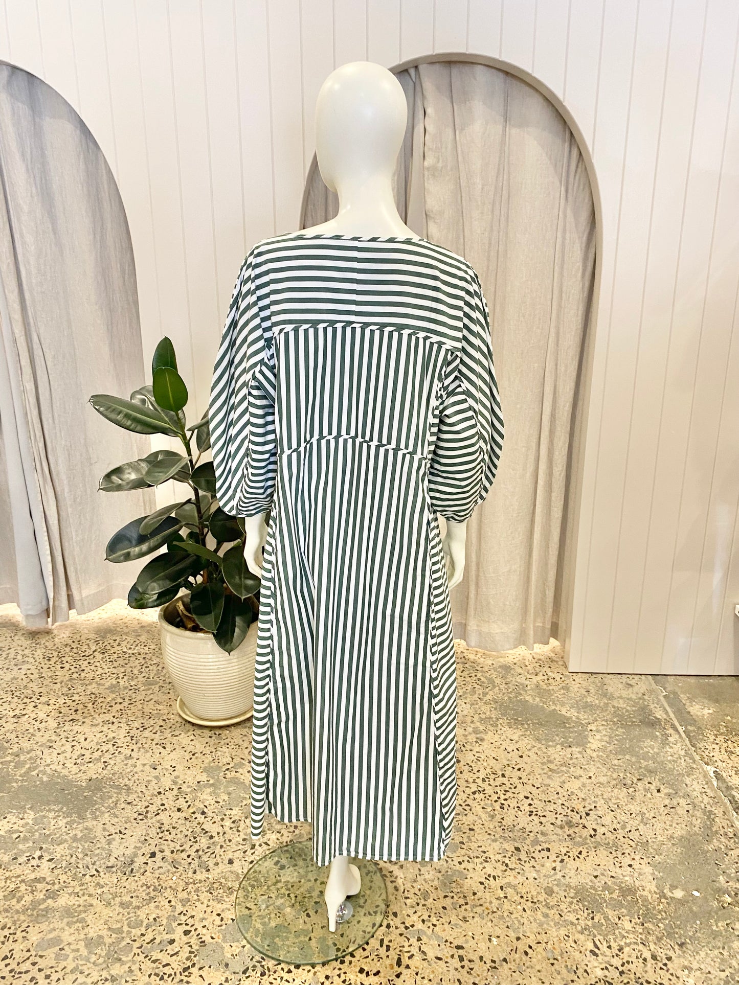 KOWTOW Sculptured Long Sleeve Dress in Green/White Stripe - Size XL (16)