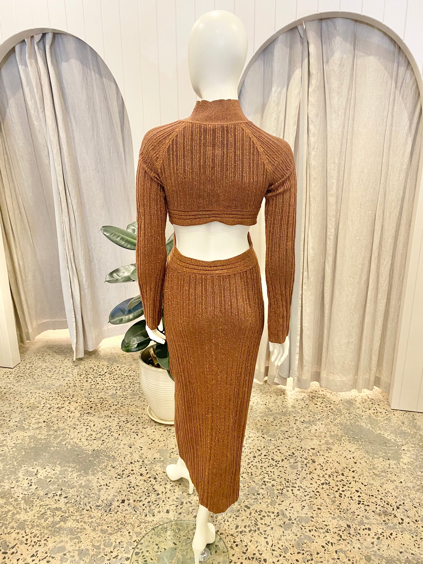 Shona Joy Brandy Brown Kamari Long Sleeve Cut Out Midi Dress - Size M (10/12)