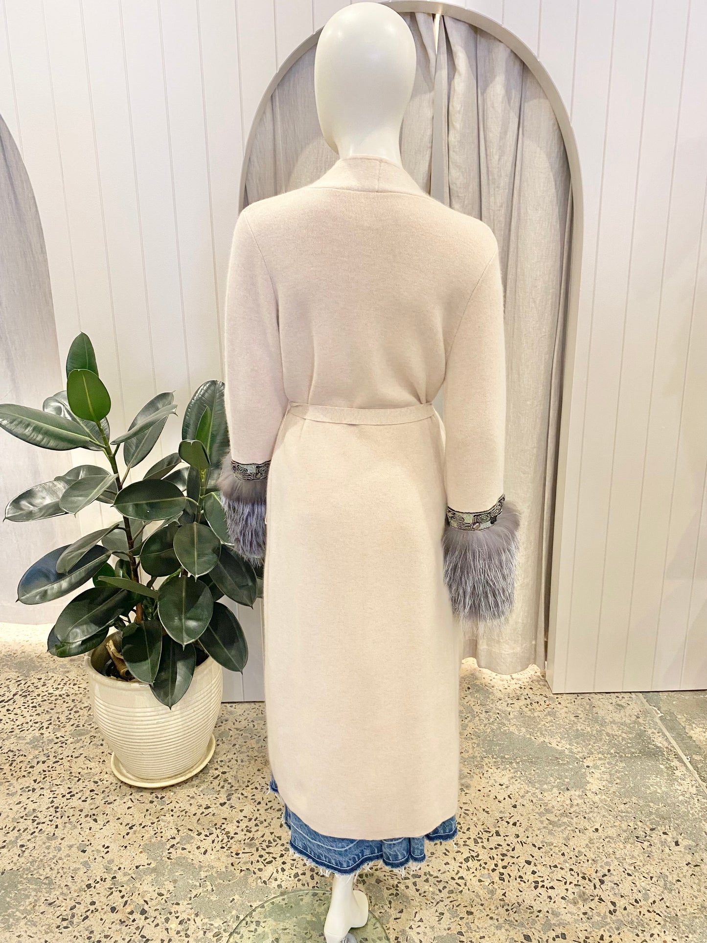 Wool Blend Knit Cardigan With Grey Faux Fur Cuffs - Size S (8-10)