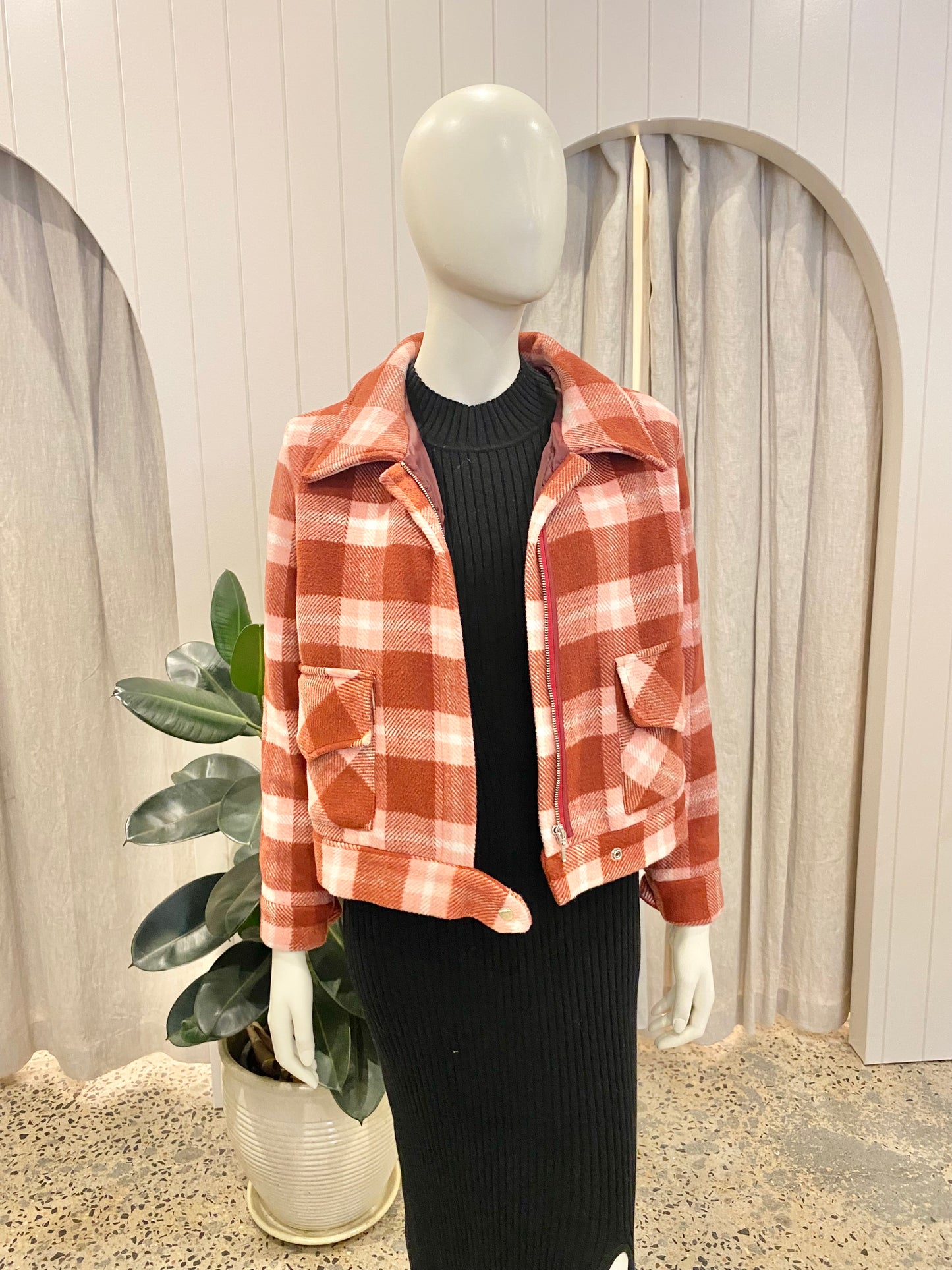 Kuwaii Berry Check Wool Blend Jacket - Size 8