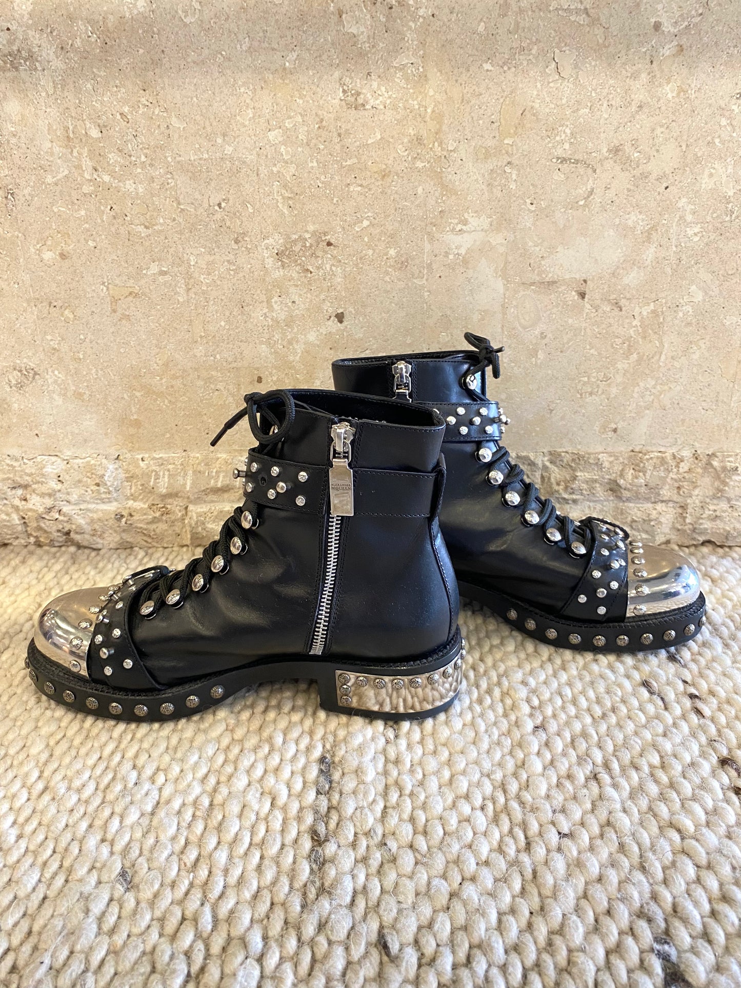 Alexander McQueen Hobnail Studded Combat Boots in Black - Size 37