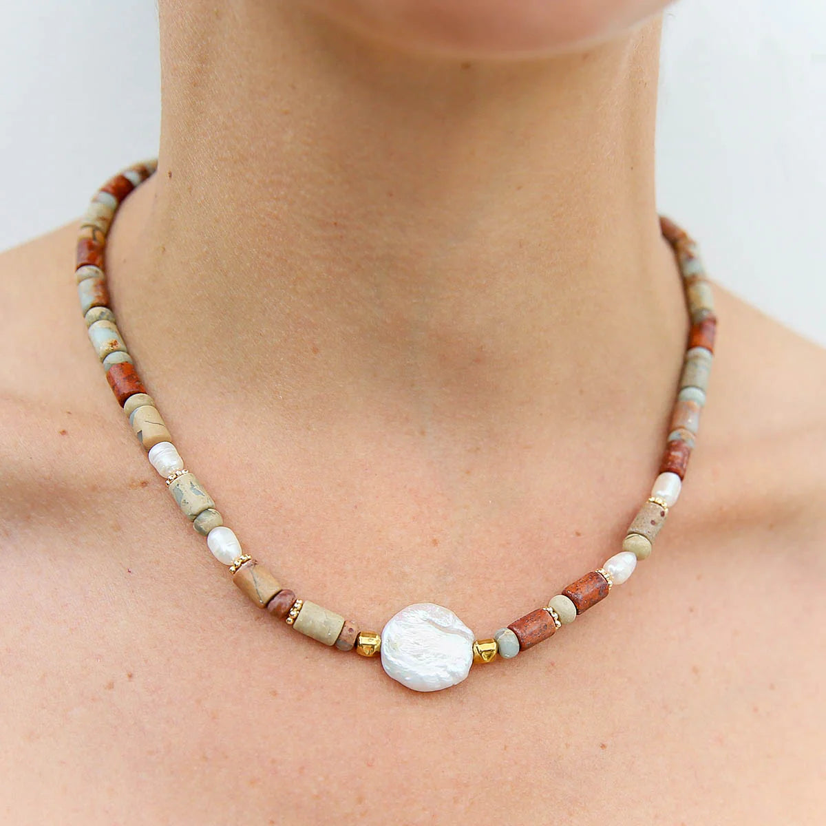 Kingston Brown Shoushan Stone & Keshi Necklace