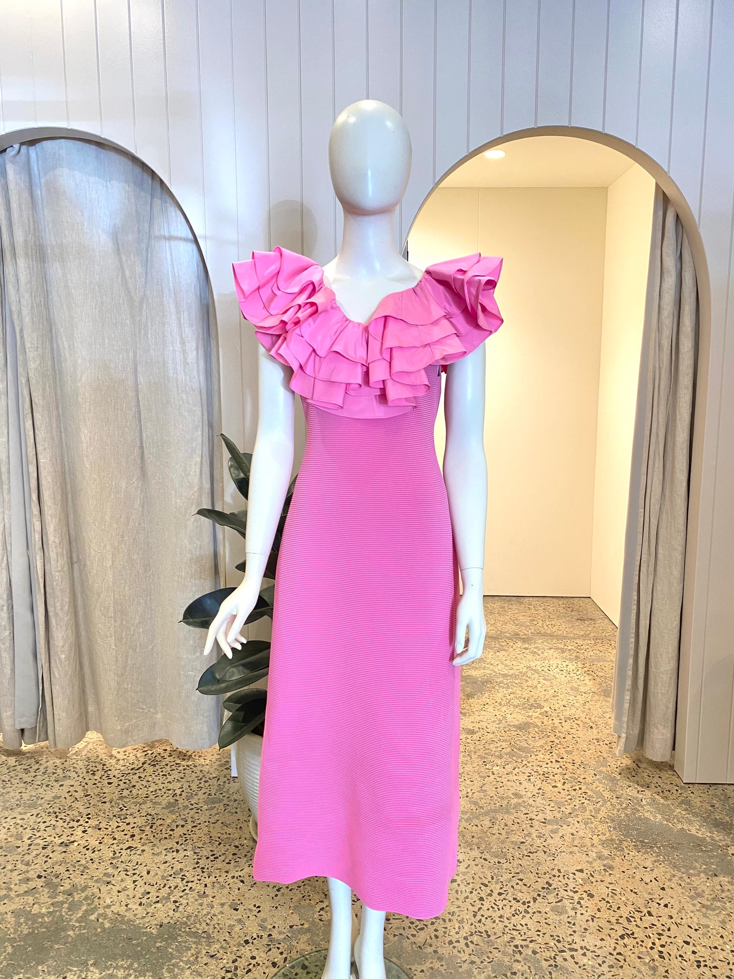 AJE Pink Transcendent Ruffle Midi Dress - Size M (10)