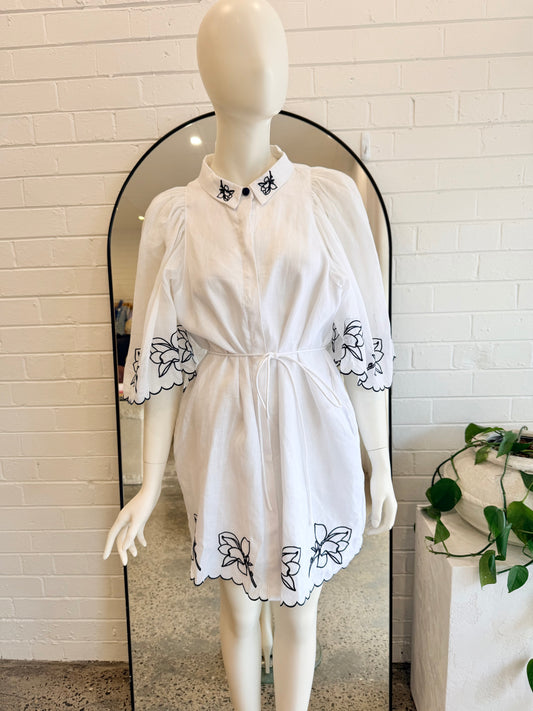 Joslin White Charleigh Organic Cotton Bead Mini Shirt Dress - Size 14