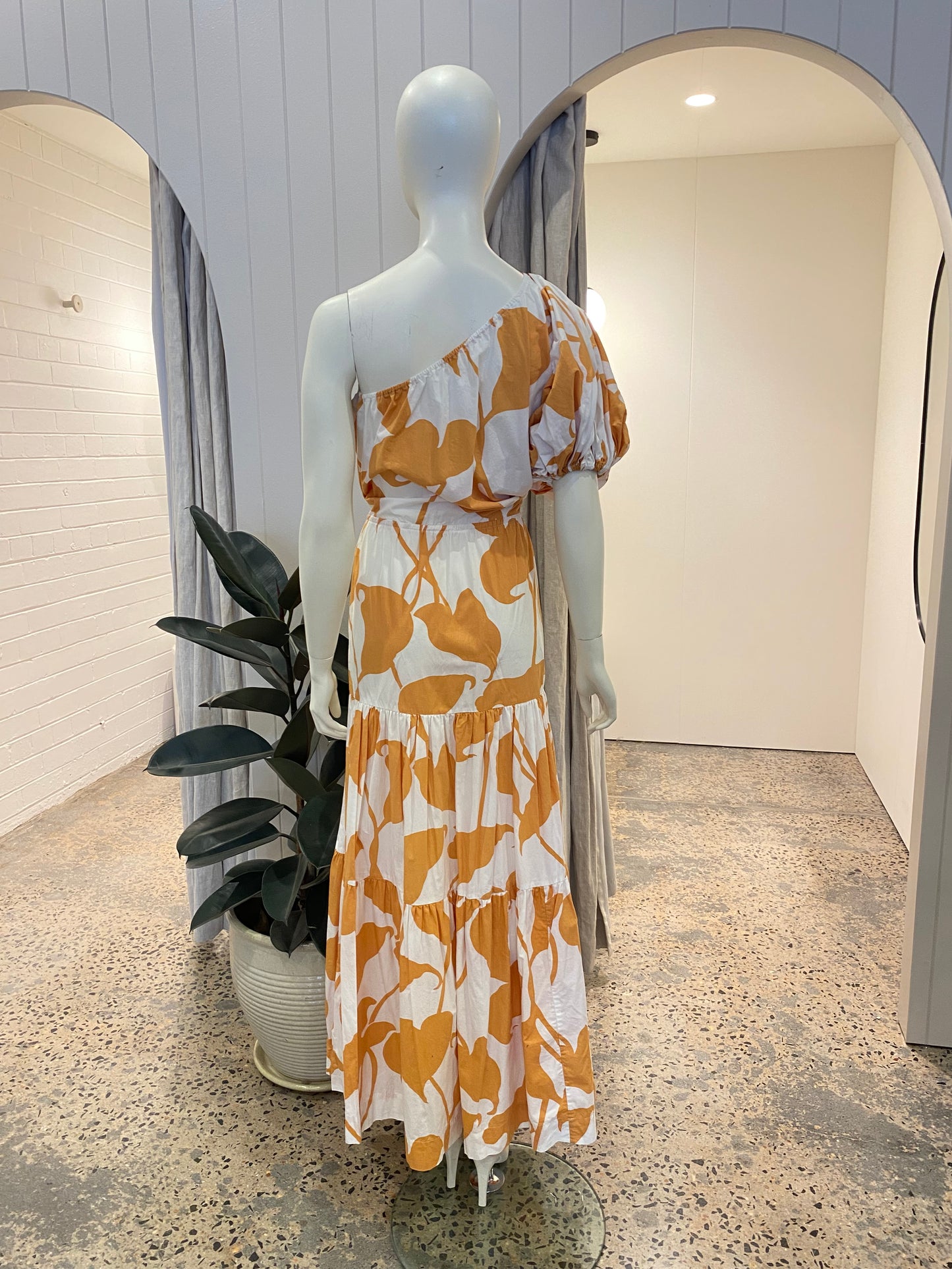 SWF Orange Floral One Shoulder Midi Dress - Size L (12/14)