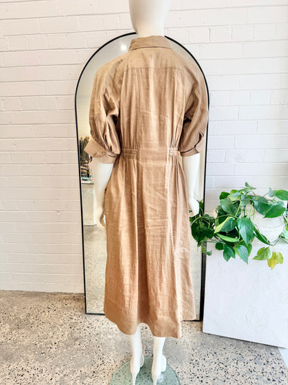 Country Road Mocha Linen Blend Fluid Cinched Shirt Dress - Size 8