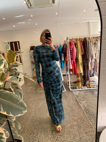 Suboo Shibori Long Sleeve Ruched Maxi Dress in Green - Size M (10/12)