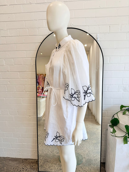 Joslin White Charleigh Organic Cotton Bead Mini Shirt Dress - Size 14