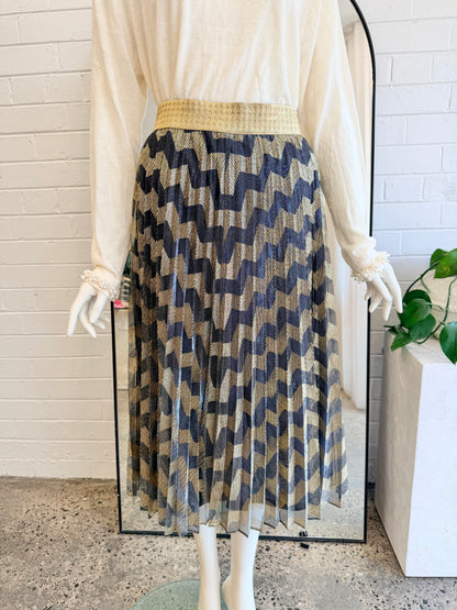Alexandra Pleated Midi Skirt in Gold/Black - Size M/L (12/14)
