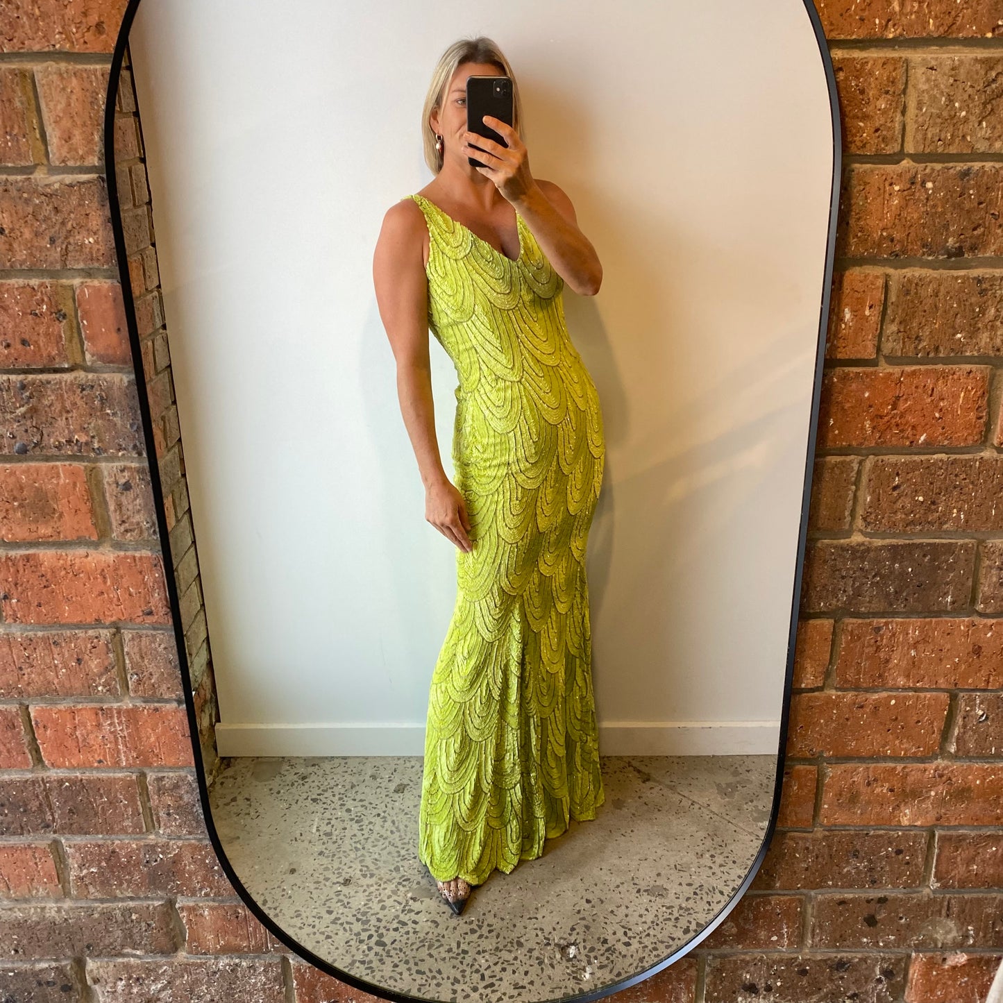 Rachel Gilbert Lime Mermaid Sequin Maxi Dress - Size 8