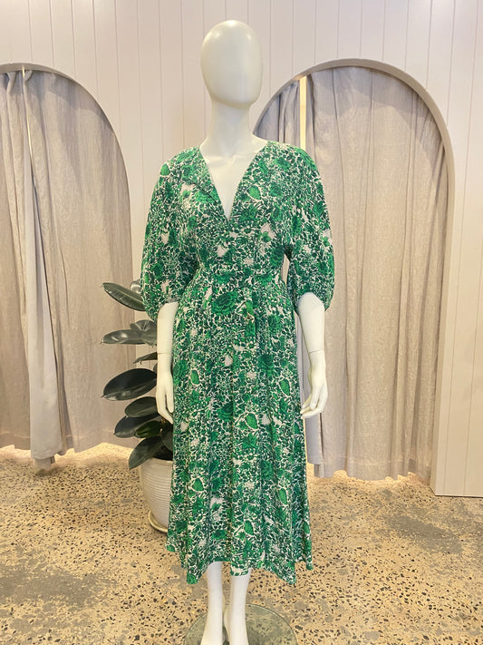 Scanlan Theodore Green Silk Floral Midi Dress - Size 8