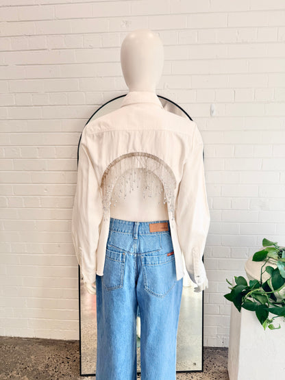 AJE Fringe Denim Jacket in White - Size 8