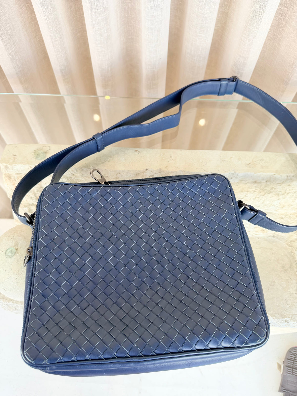 Bottega Veneta Navy Intrecciato Leather Messenger Bag