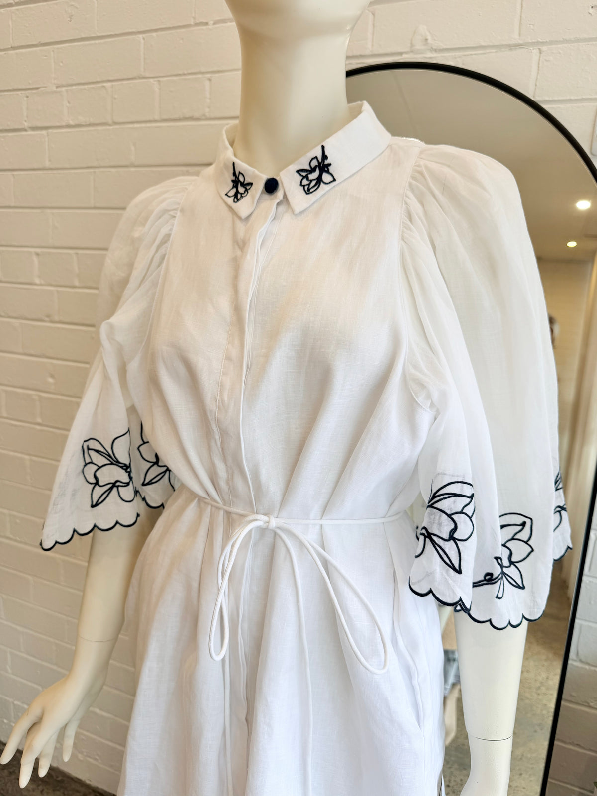 Joslin White Charleigh Organic Cotton Bead Mini Shirt Dress - Size 14