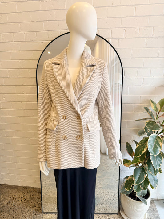 Ena Pelly Beige and White Lara Double Breasted Blazer - Size 10