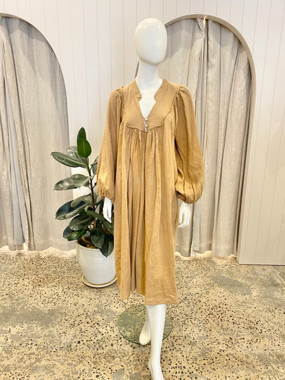 Kinga Csillia Tan Linen Midi Dress - Size 2 (10-12)