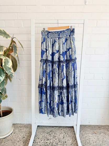 Miss June Metallic Tiered Maxi Skirt in Blue - One Size (10-14)