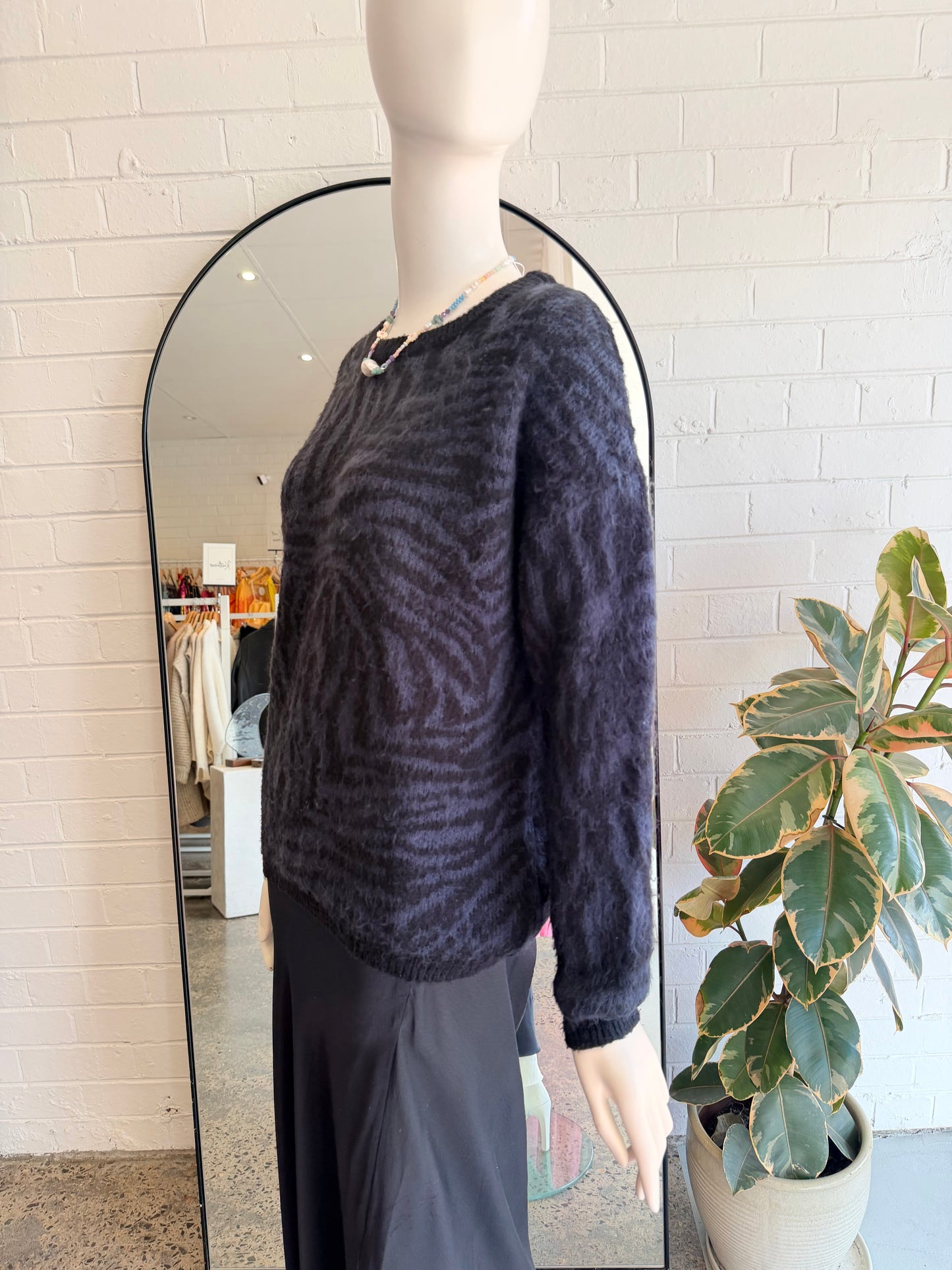Yaya Black and Blue Zebra Print Knit Jumper - Size Small