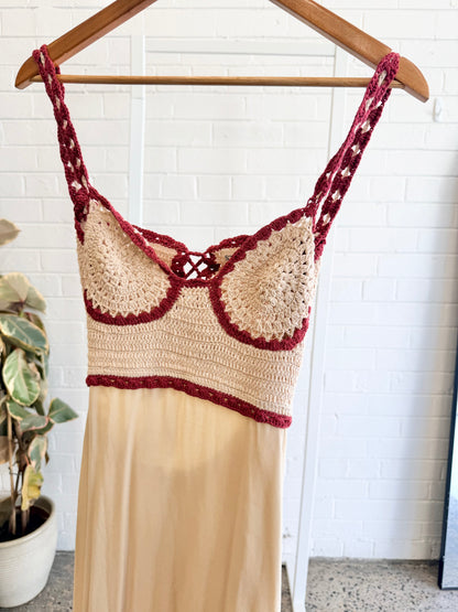 State of Georgia Cream/Burgundy Paradise Crochet Midi Dress - Size XS (6 - 8)