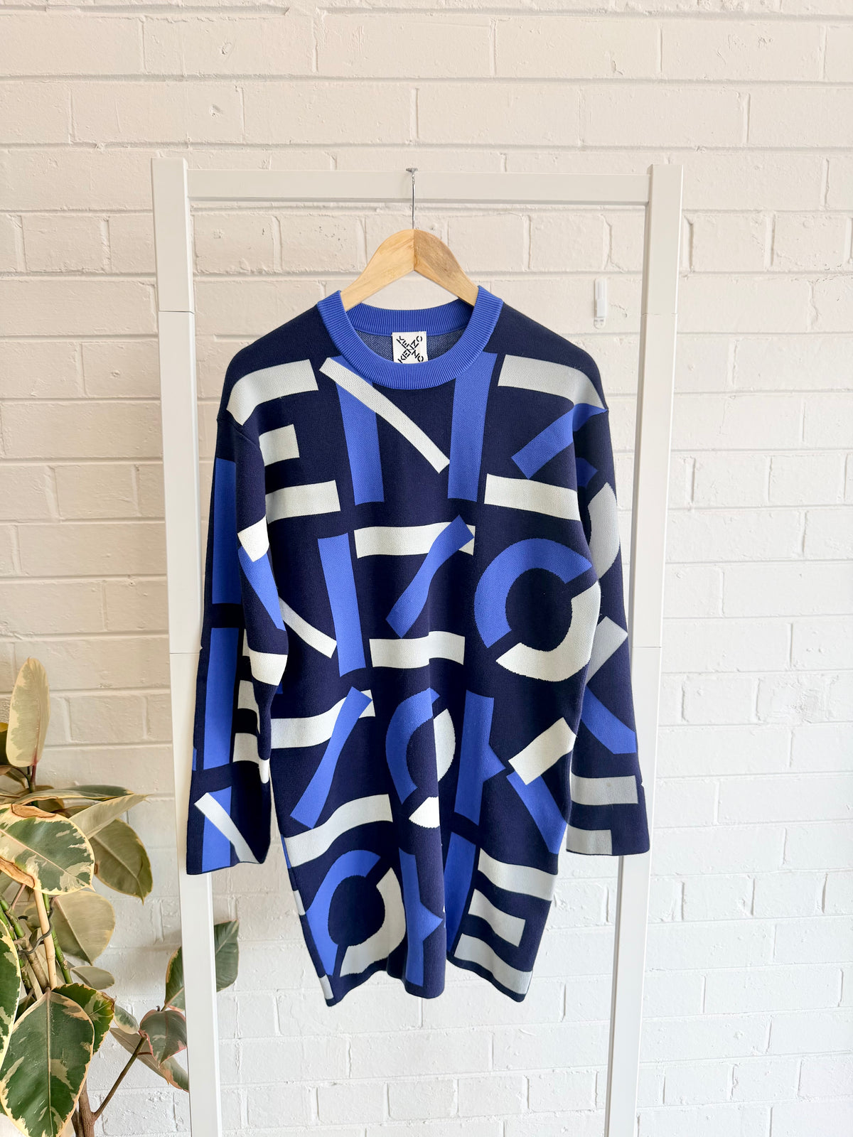 Kenzo Monogram Jacquard Sweater Dress in Navy - Size M (10/12)
