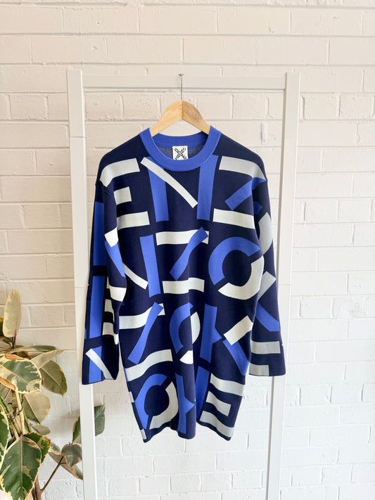Kenzo Monogram Jacquard Sweater Dress in Navy - Size M (10/12)