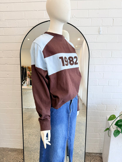 Araminta James 1982 Blue and Brown Jumper - Size SMALL (8-10)