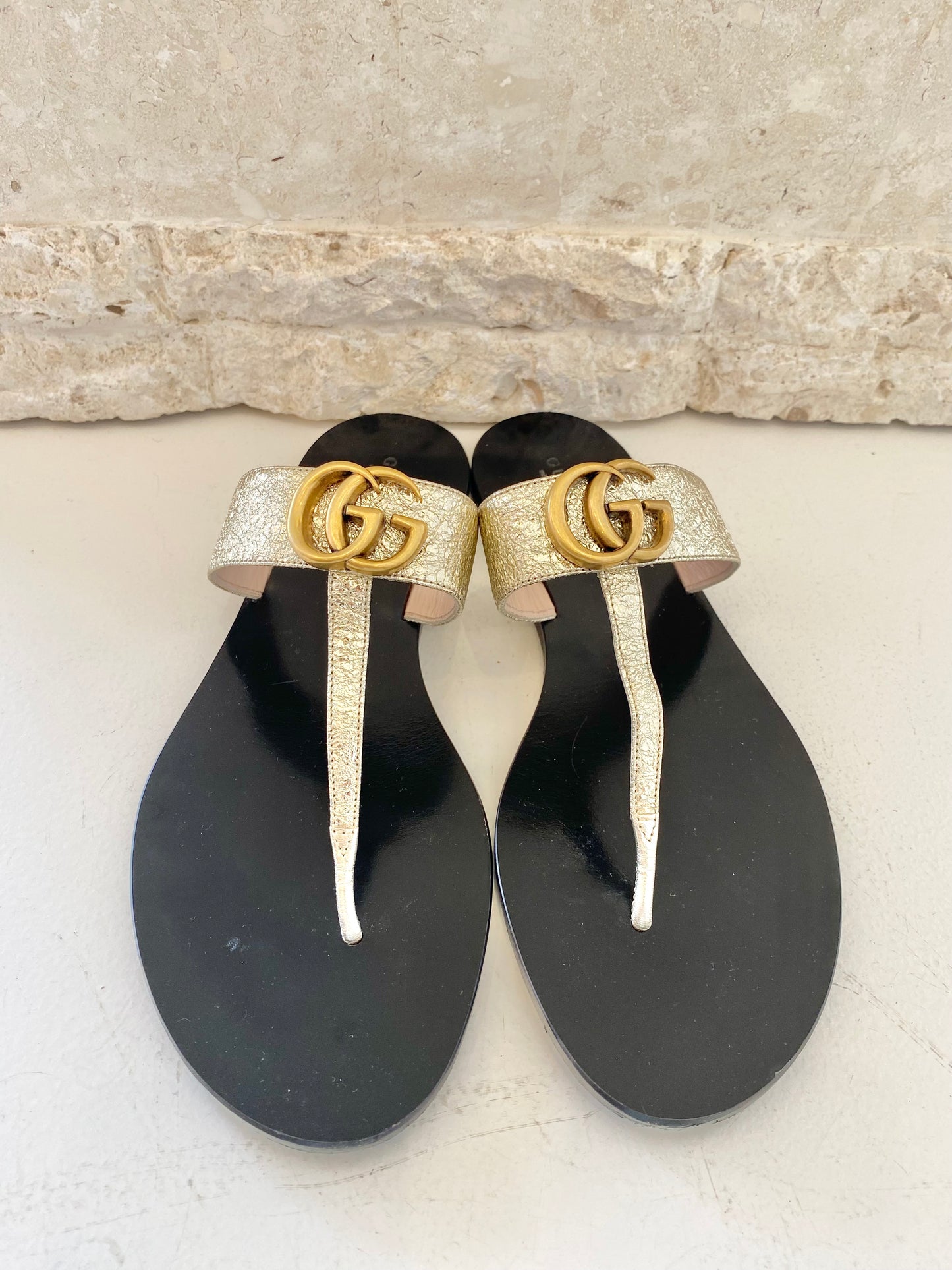 Gucci Black and Gold Marmount Thong - Size 41