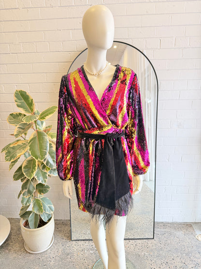 Rebecca Vallance Kaia Sequin Wrap Mini Dress - Size 8