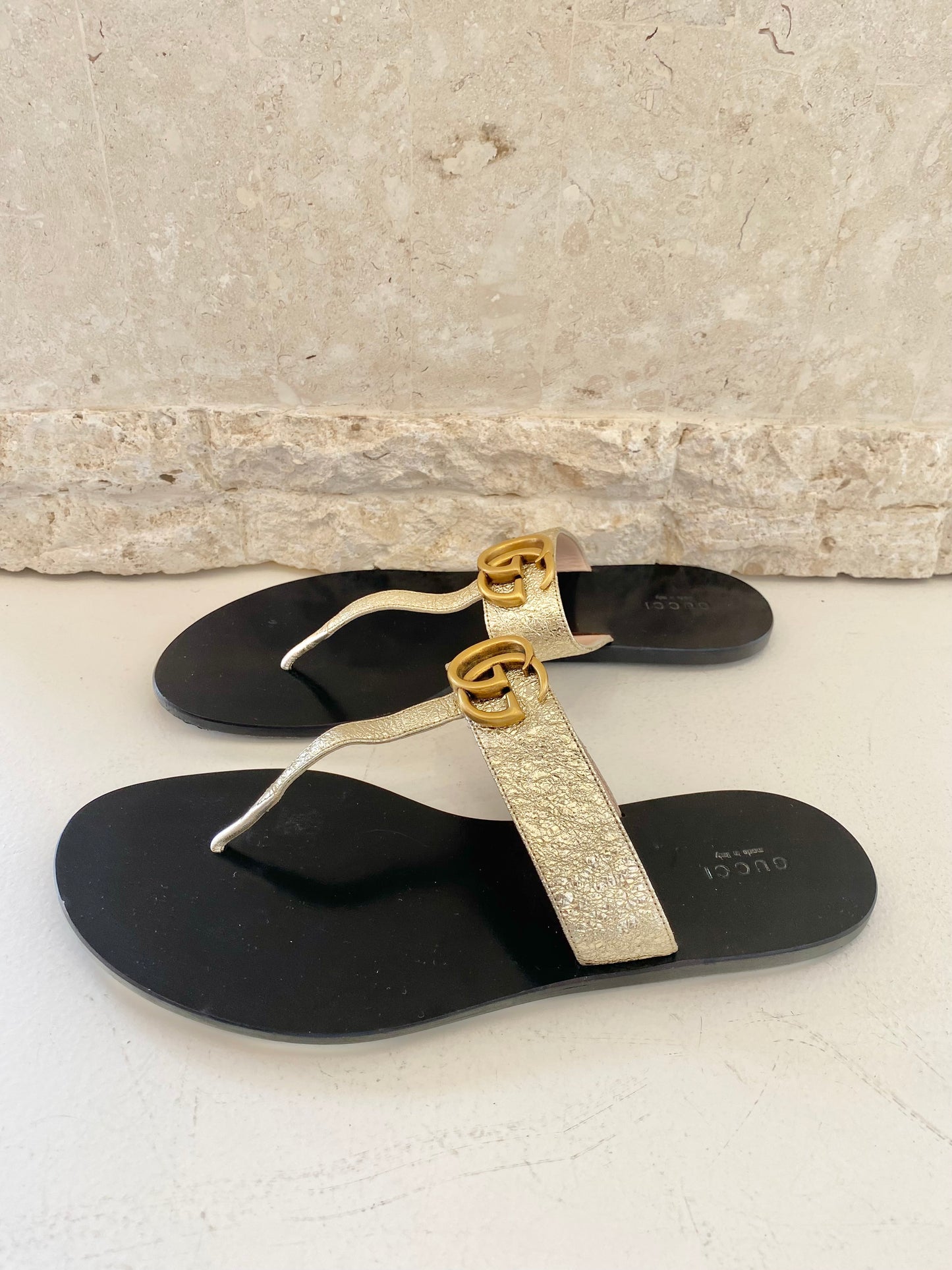 Gucci Black and Gold Marmount Thong - Size 41