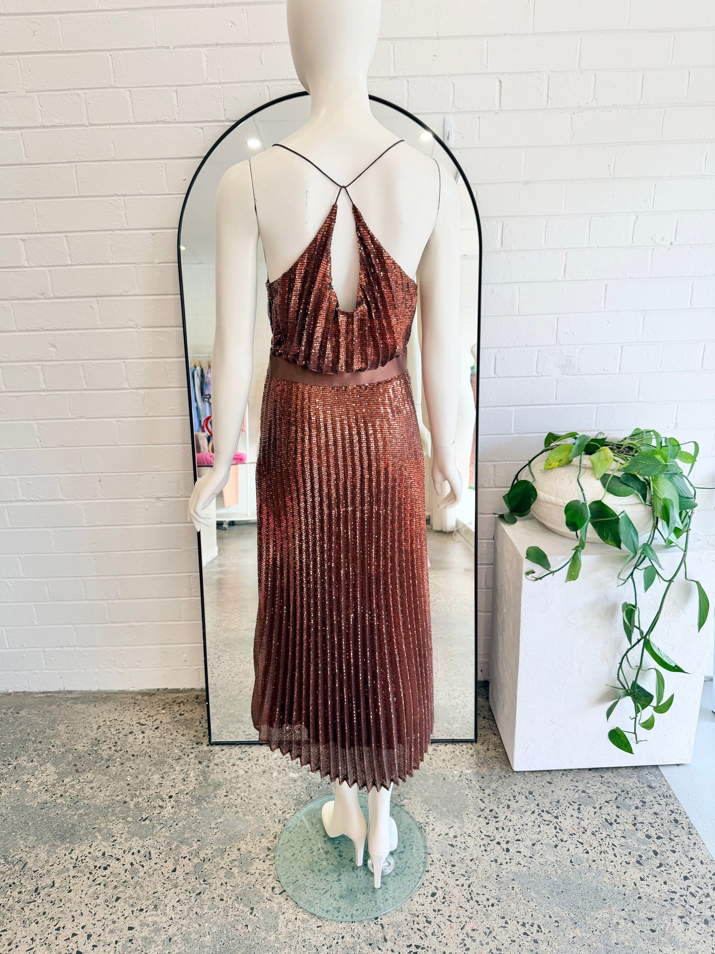 Flannel Copper Sequin Pices Cami Midi Dress - Size 1 (8) - Pre-Loved Geelong