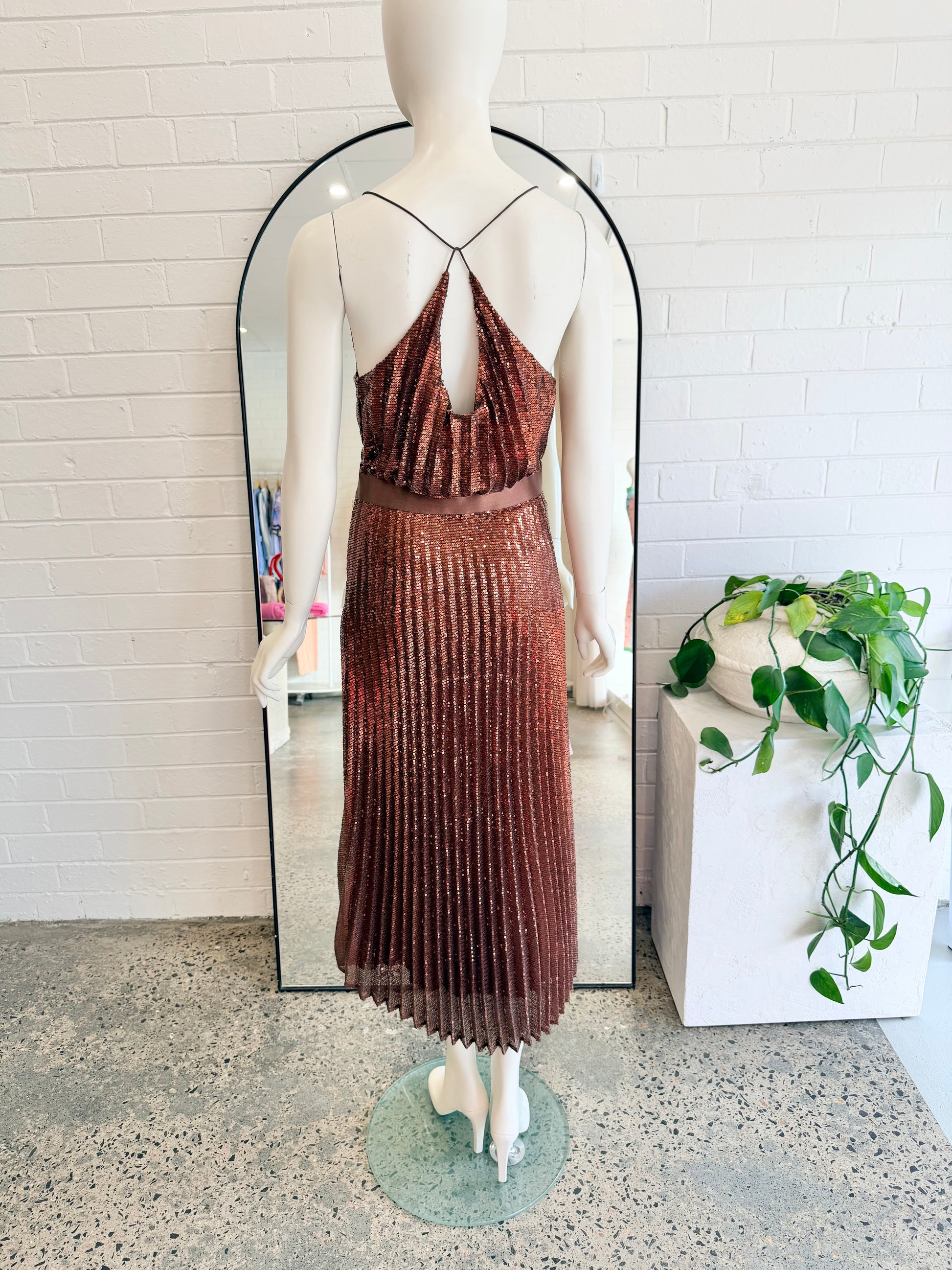 Flannel Copper Sequin Pices Cami Midi Dress - Size 1 (8) - Pre-Loved Geelong