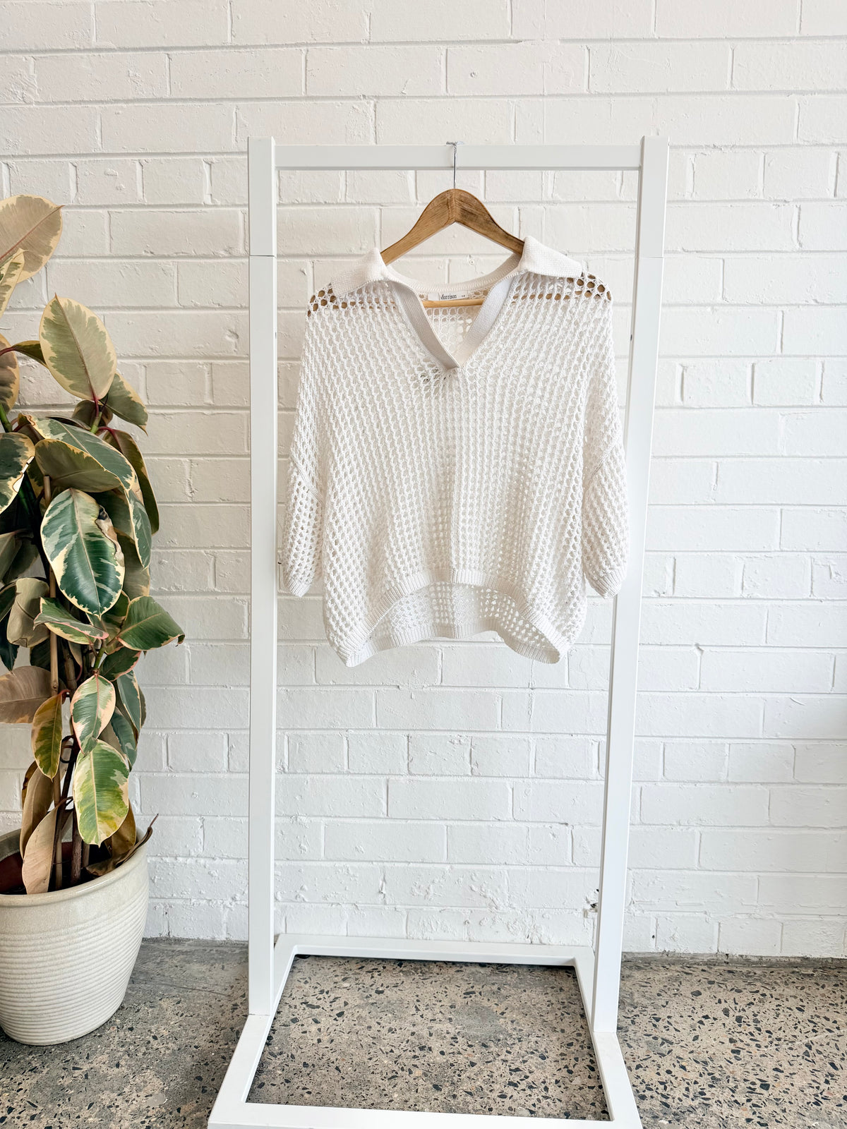 Morrison White Cropped Crochet Polo Top - Size 1 - 2 (10)