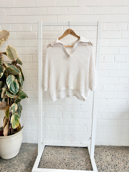 Morrison White Cropped Crochet Polo Top - Size 1 - 2 (10)