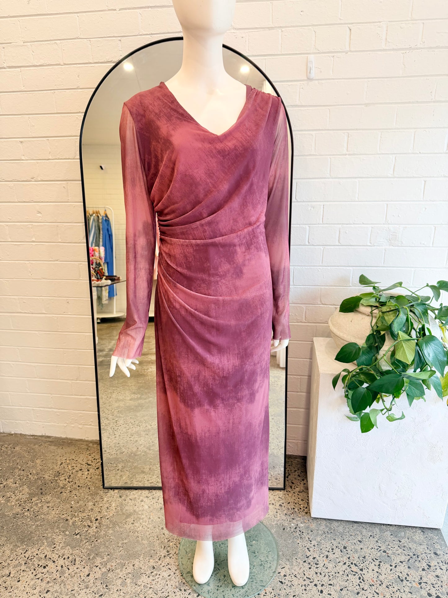 ZARA Mesh V Neck Maxi Dress in Burgundy - Size XL (14)