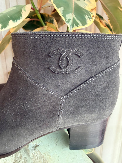 Chanel Dark Grey Suede Short Boots - Size 37