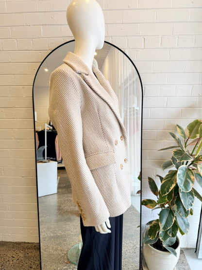 Ena Pelly Beige and White Lara Double Breasted Blazer - Size 10