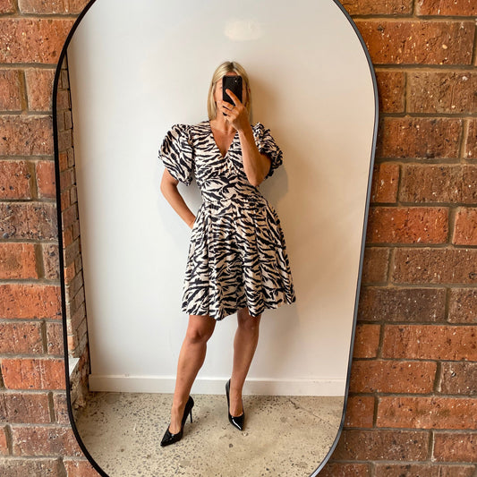 Husk Puff Sleeve Mini Dress in Zebra - Size 8