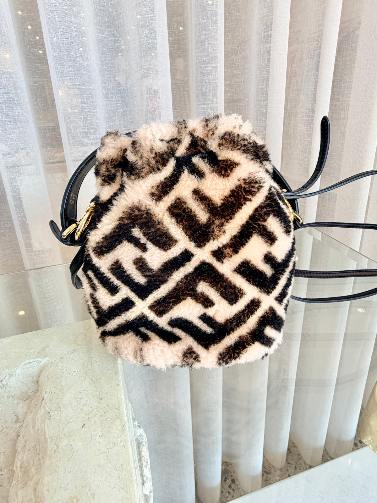 Fendi Tobacco Mini Zucca Shearling Mon Tresor Bucket Bag