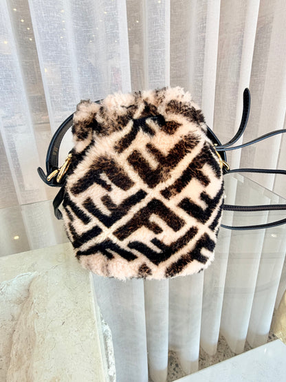 Fendi Tobacco Mini Zucca Shearling Mon Tresor Bucket Bag