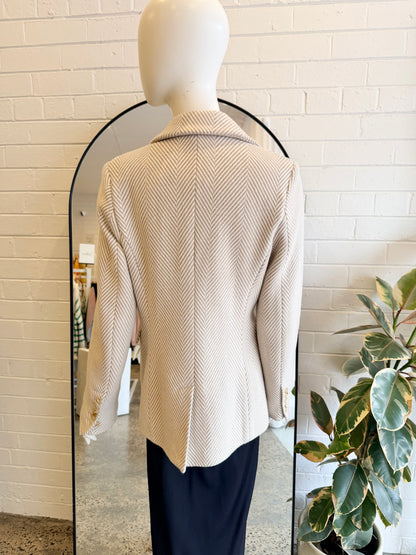 Ena Pelly Beige and White Lara Double Breasted Blazer - Size 10