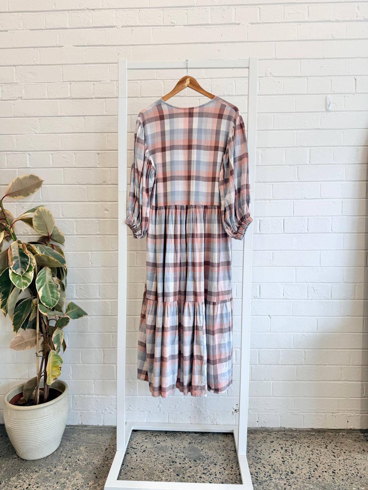 Opia Plaid Tiered Maxi Dress - Blush Multi - Size M/L