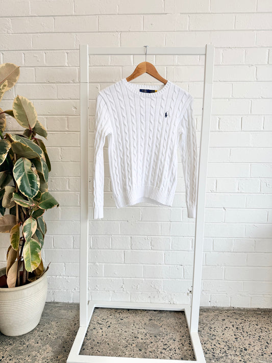 Polo Ralph Lauren White Cable Knit Jumper - Size M (6 - 8)