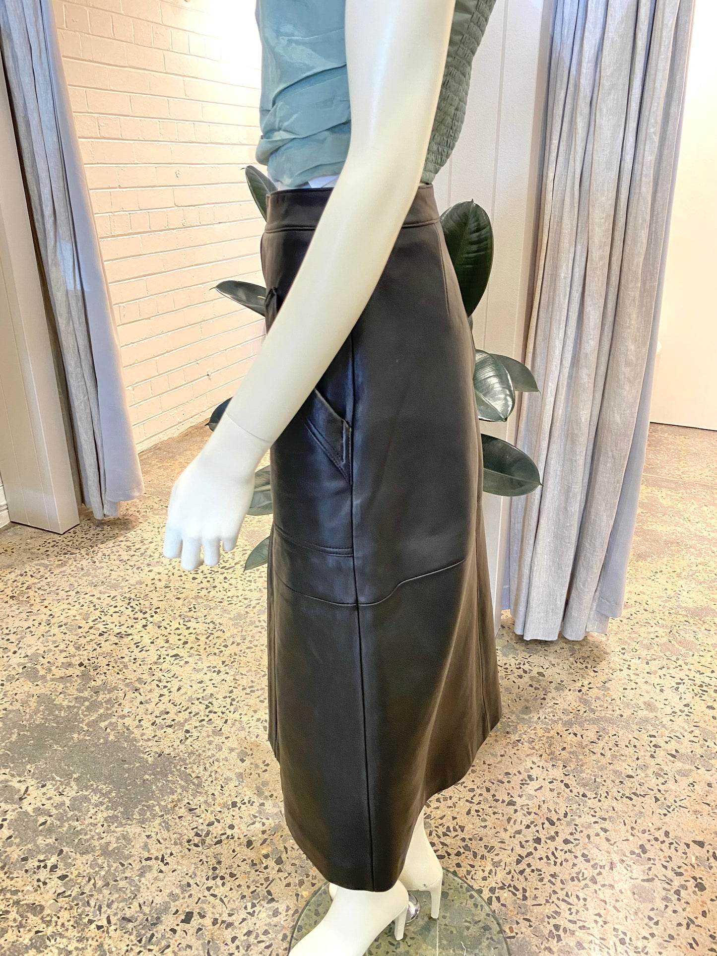 Ena Pelly Black Leather Midi Skirt - Size 8