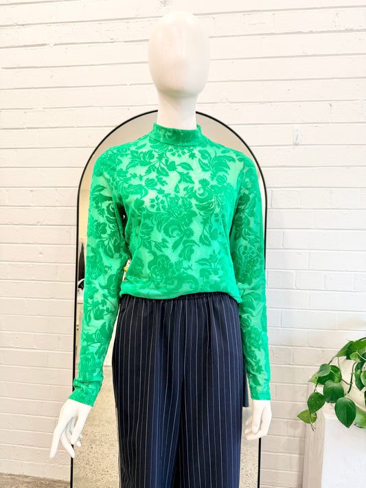 Raef The Label 'Flocked' Lace Long Sleeve Top in Green - Size M (10)