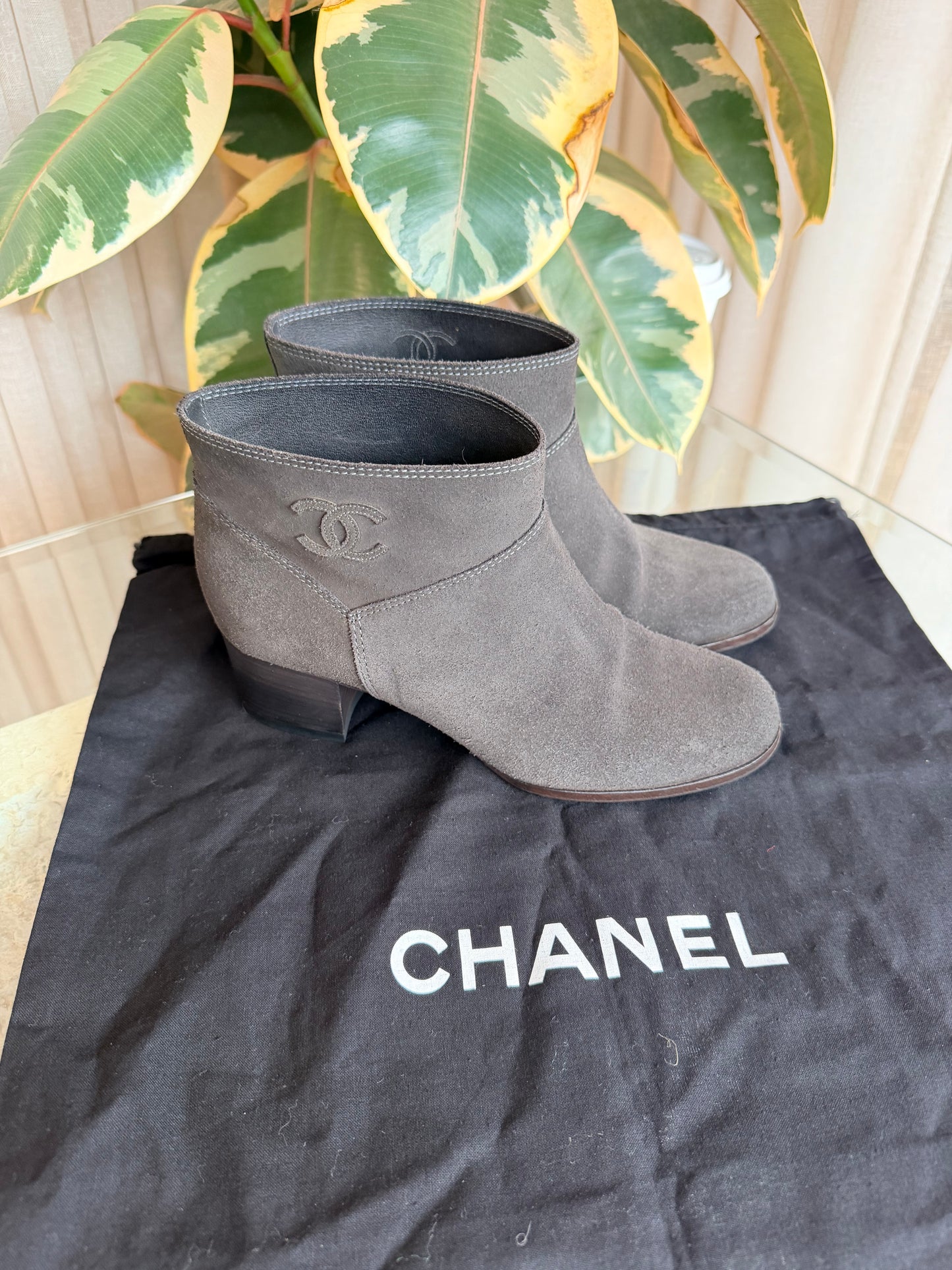 Chanel Dark Grey Suede Short Boots - Size 37
